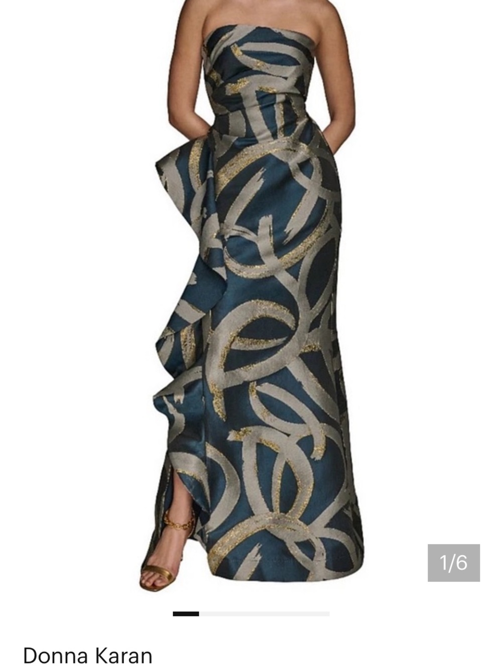 NWT Donna Karan Strapless Evening Gown in Teal and Gold Abstract Print size 4